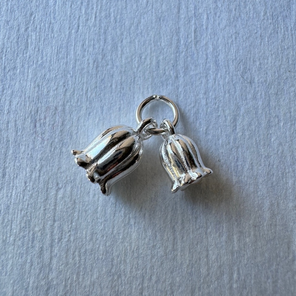 925 Sterling Silver 2 Lily Of The Valley Charms Pendant 3D New